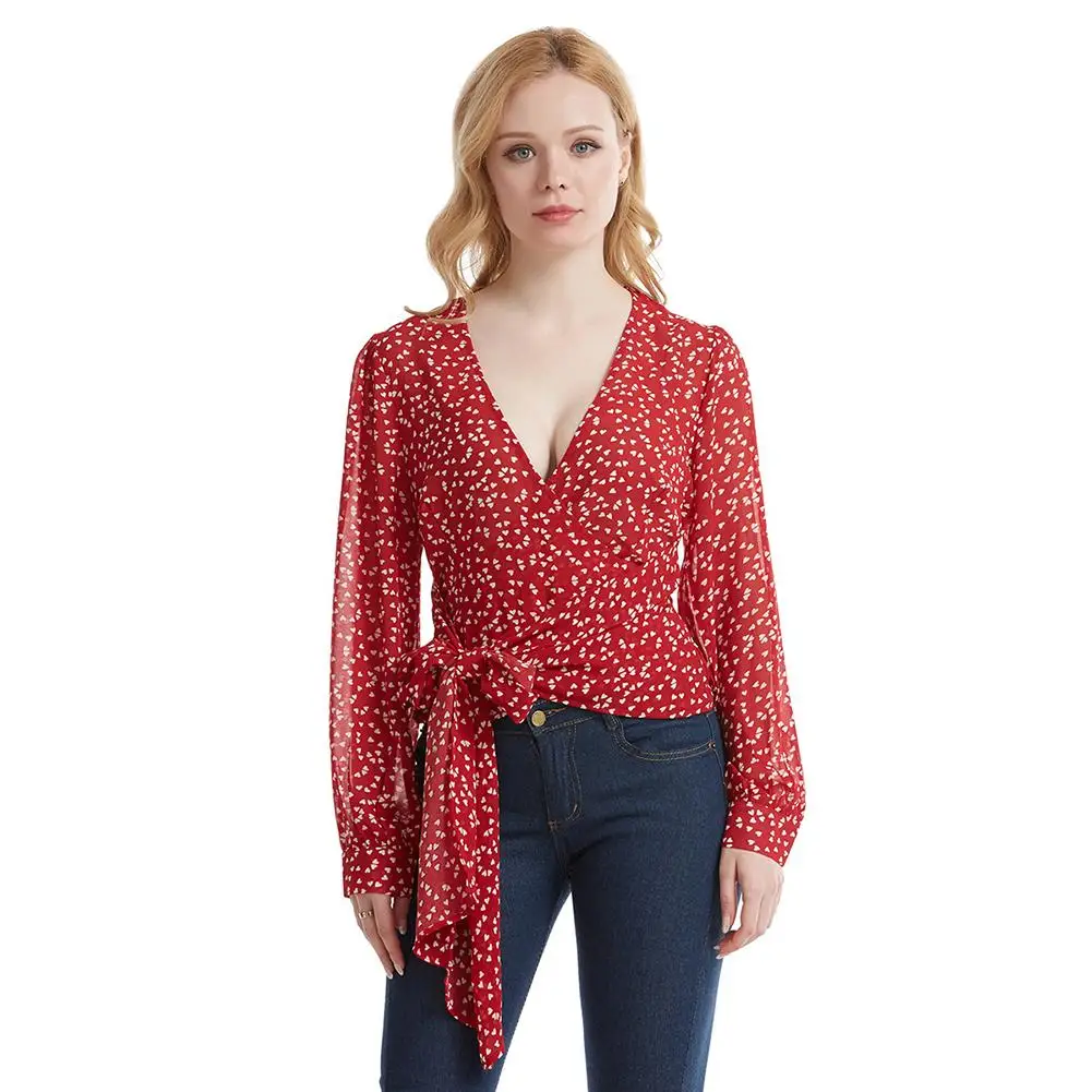 

Women Fashion Sexy V Neck Heart Print Waist Lace Up Long Sleeve Shirt Blouse Women's Tops Elegant Casual Women Blouses 2020