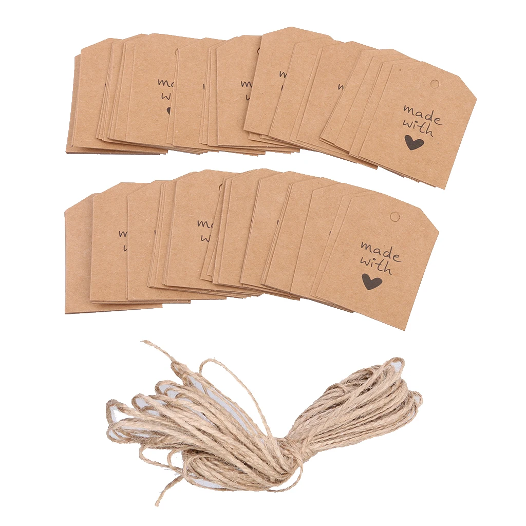 

100 Made With Love Kraft Paper Tag Wedding Party Gift Label String Brown