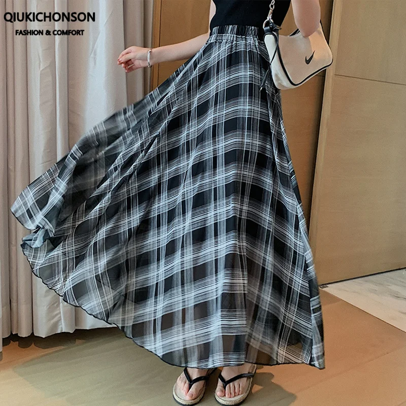 

Long Skirts Womens Maxi Skirts Summer Casual High Waisted Ball-Gown Black White Plaid Skirt Chiffon jupe ete