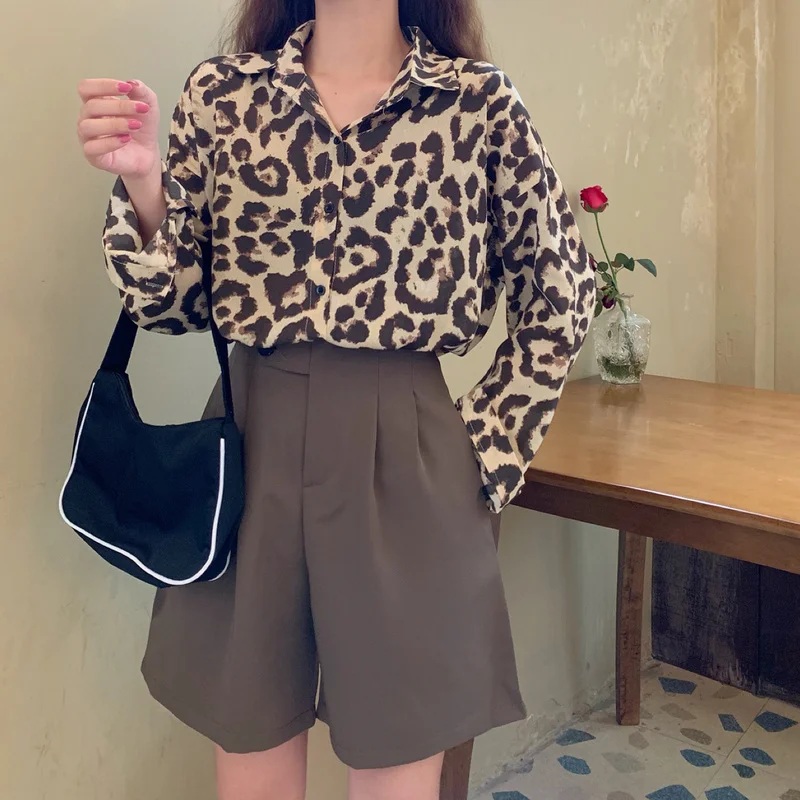 

Женская рубашка с леопардовым принтом, в Корейском стиле