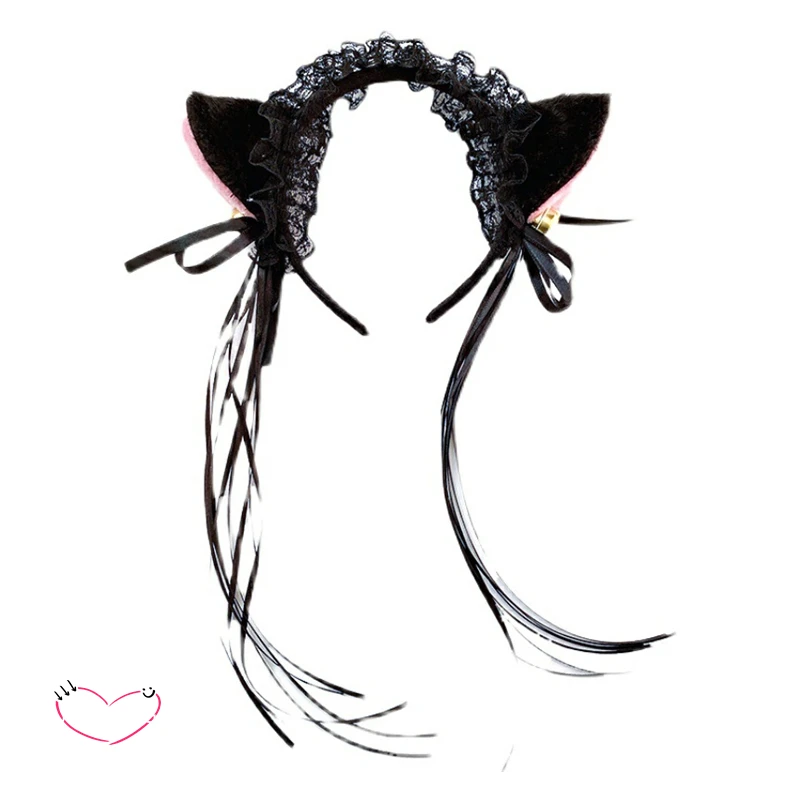 Женская Кружевная повязка на голову с оборками и плюшевыми кошачьими ушками