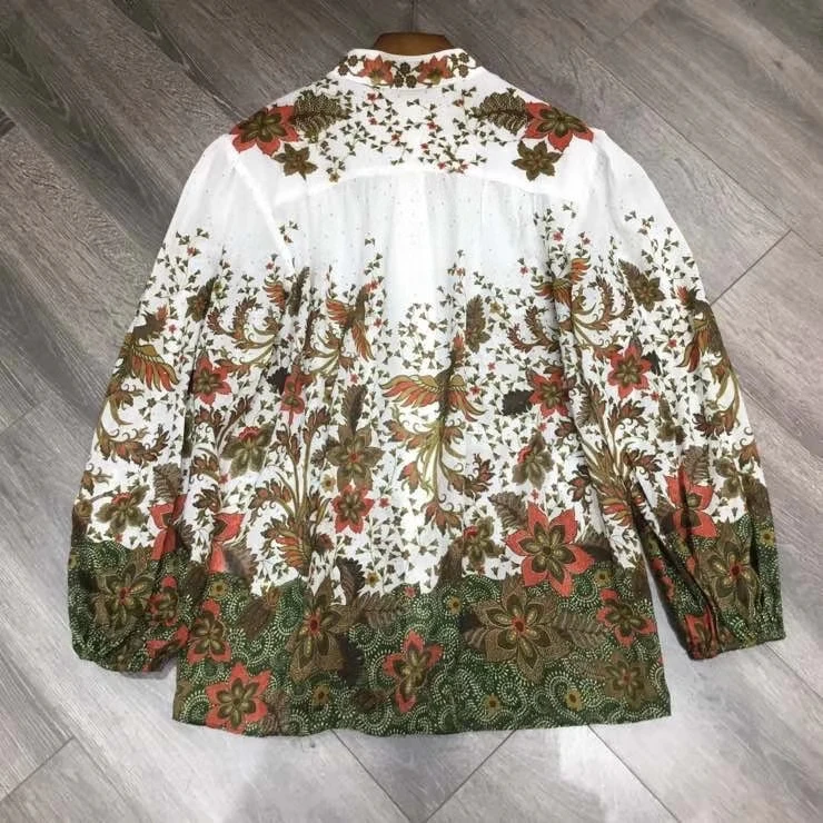 

Women Floral Print Shirt with Lantern Elastic Sleeves Ramie Female Loose Casual Shirt Tops