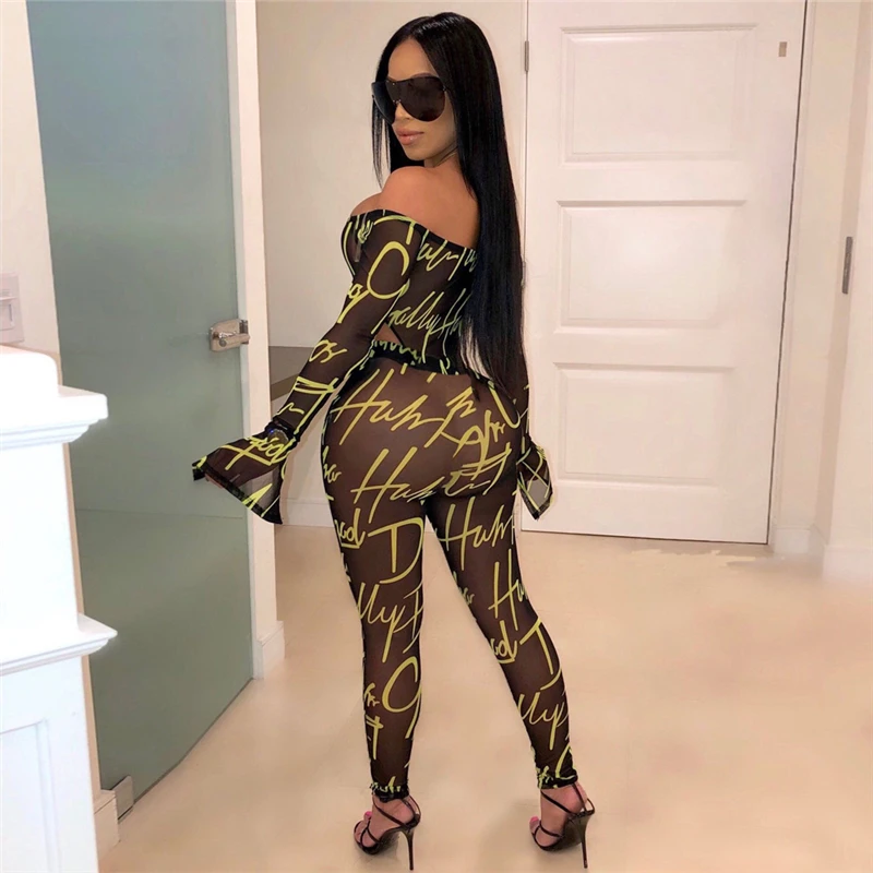 Женский сетчатый комбинезон с расклешенными штанинами Adogirl прозрачный буквенным