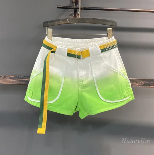 

Denim Shorts Women's Fashion Gradient Green and White Color High Waist Slimming Wide Leg Hot Pants Girls Ladies Jeans