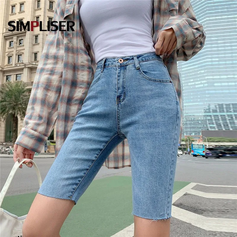 

Stretch Denim Blue Black Jeans Pants Knee Length Ridding Pants Female Skinny Capris Leggings Fashion Ladies Denim Shorts 2021