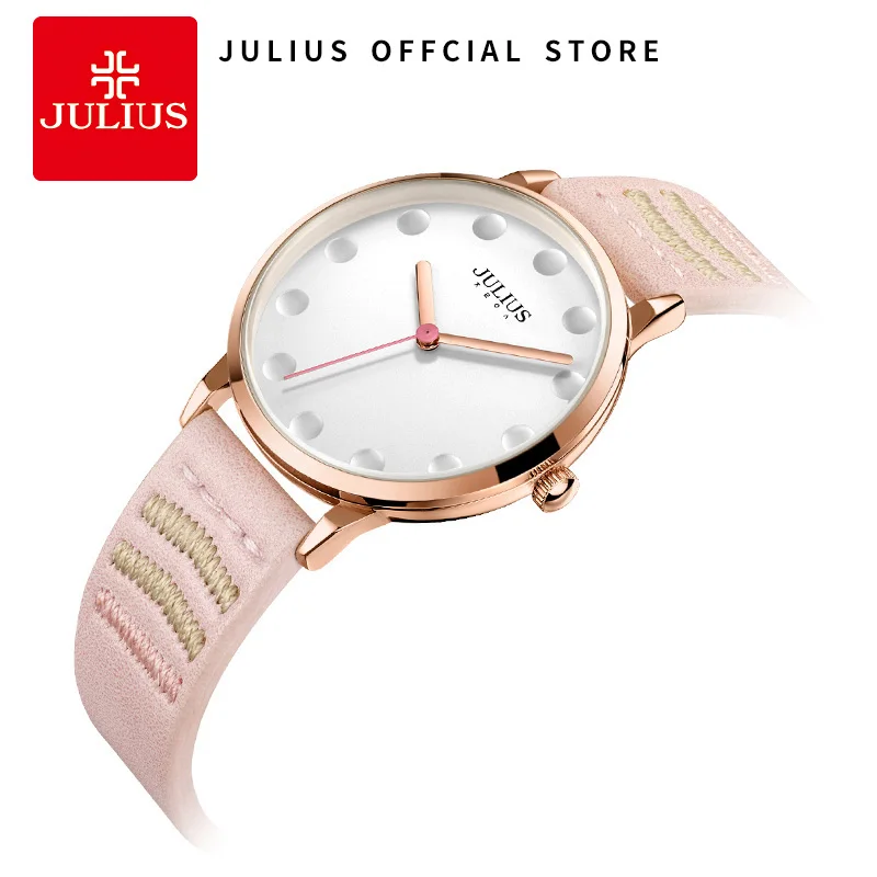 

JULIUS 2018 Women Pink Watch For Girls Quartz Wrist Watch Hole Dial Designer Whatch Leather Strap Dress Relogio Feminino JA-1021