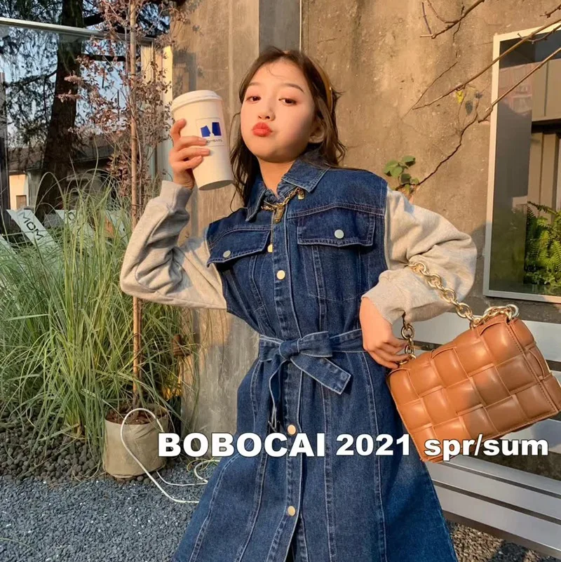 

Minxi children's clothing 2021 spring new children's skirt children's Jeans Girl's jeans dress mid length spring fashion