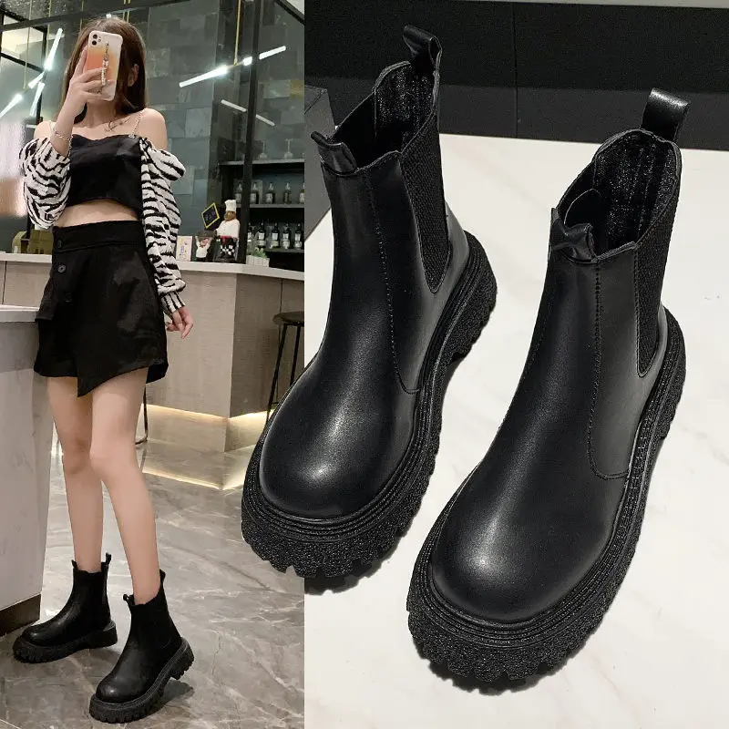 

Chelsea Boots Chunky Boots Women Winter Shoes PU Leather Plush Ankle Boots Black Female Autumn Fashion Platform Booties