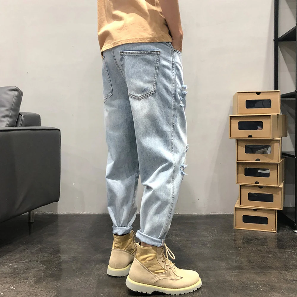 Light-colored 9-point Jeans Men Loose Hole Trend Wild Casual Pants Boys Nine-point Pants Spring Thin Section Denim Jean Ripped