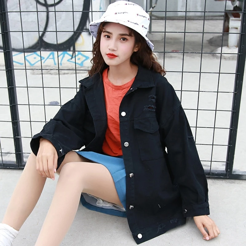 

Women Autumn Spring Hole Letter Prints Turn-Down Collar Single Breasted Outerwear Female Loose Casual Harajuku Denim Coats ZX792