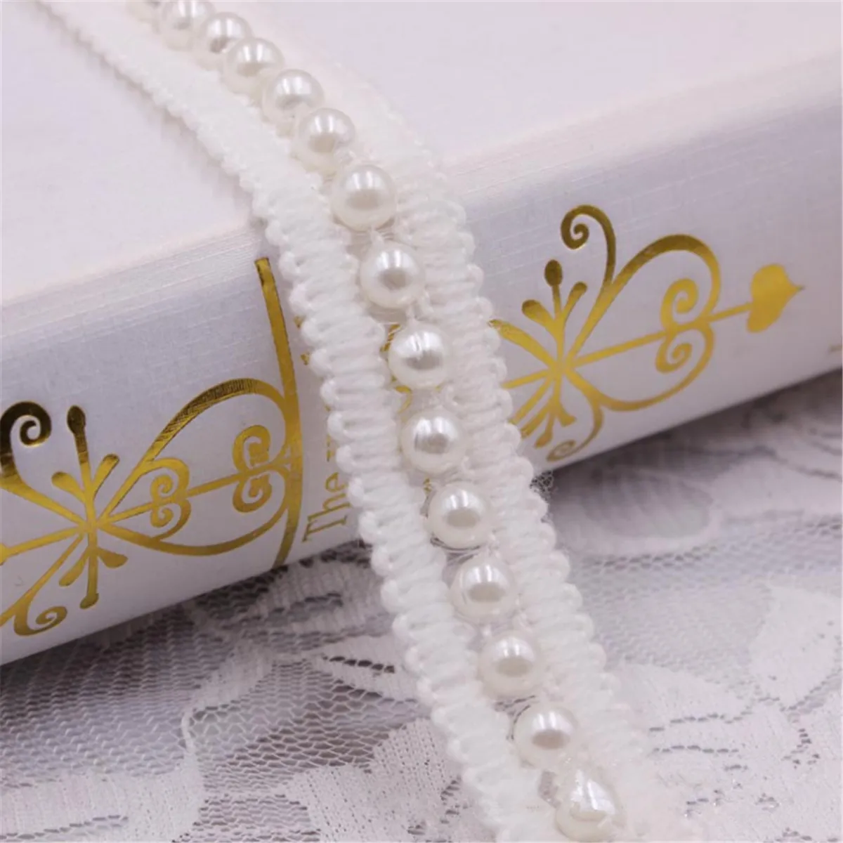 

1 Yard Pearl Beaded Lace Edge Trim Wedding Ribbon Applique DIY Sewing Craft