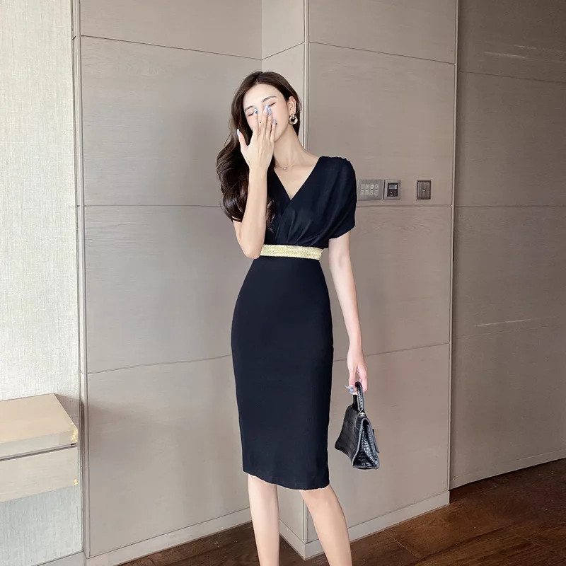 

Women 2021 Summer New Solid-color Vintage Bandage Package Hip Dress Sexy Party Women Black Bodycon Package Hip Dress Vestidos