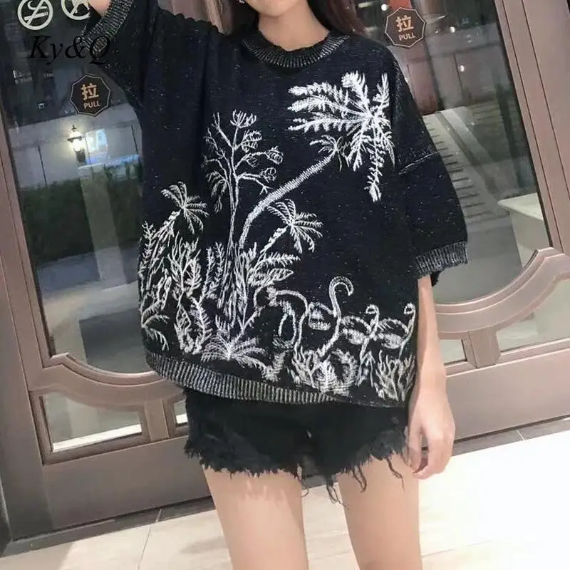 

Женский винтажный пуловер с вышивкой, черный вязаный свитер свободного покроя с коротким рукавом летучая мышь, брендовая Дизайнерская одеж...