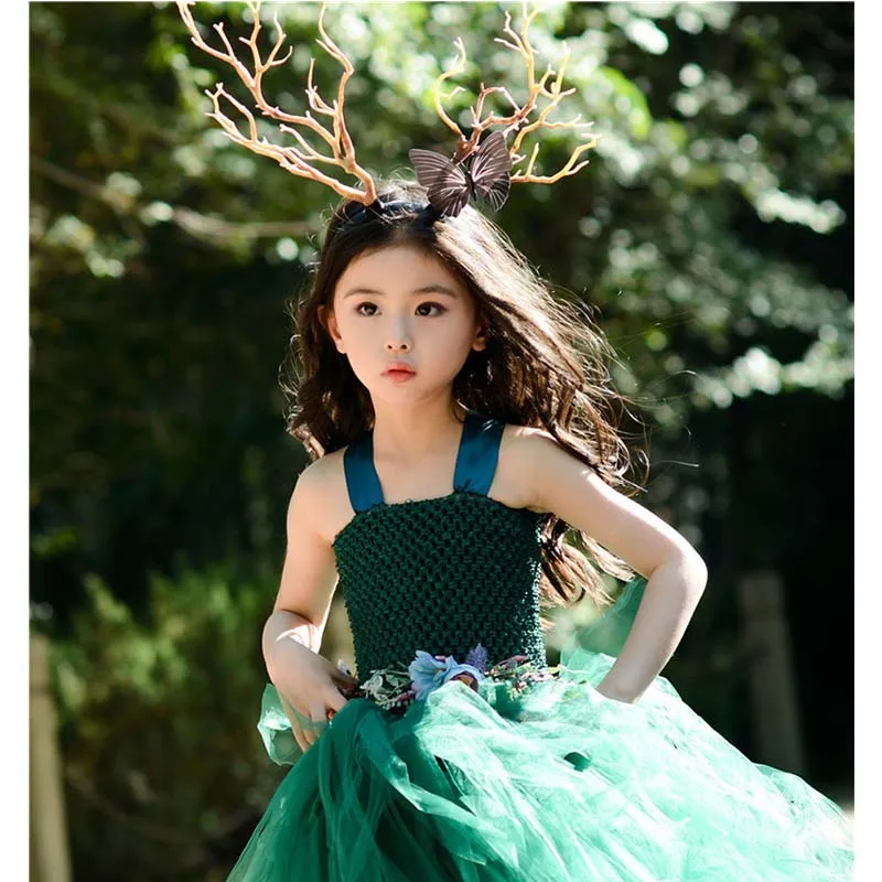 Платье-пачка с зелеными цветами для девочек костюм косплевечерние на Хэллоуин