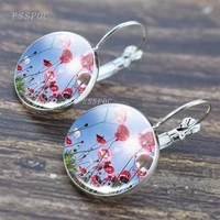 flower hook earrings poppy flowers hook earrings round hook round earring glass cabochon jewelry earrings for women girls