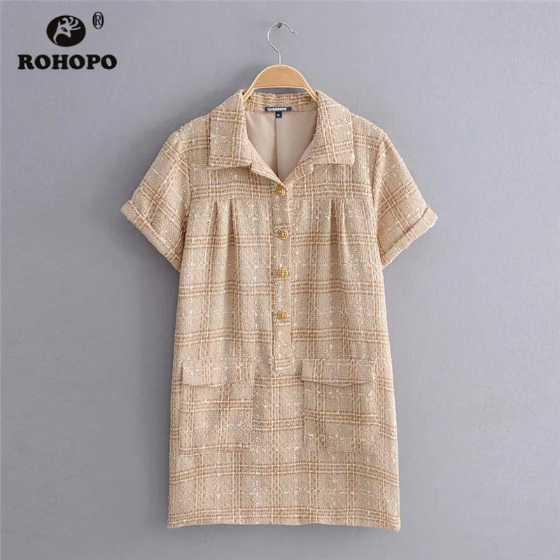 ROHOPO осеннее женское клетчатое твидовое платье цвета хаки топ пуговицы боковой