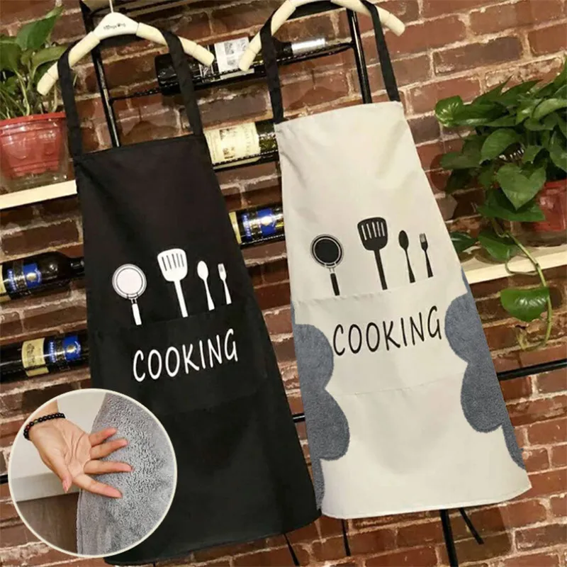 1PC Apron Black Knife and fork Print Brief Adult Water Oil Proof Kitchen Restaurant Cooking Bib Aprons with Pocket | Дом и сад