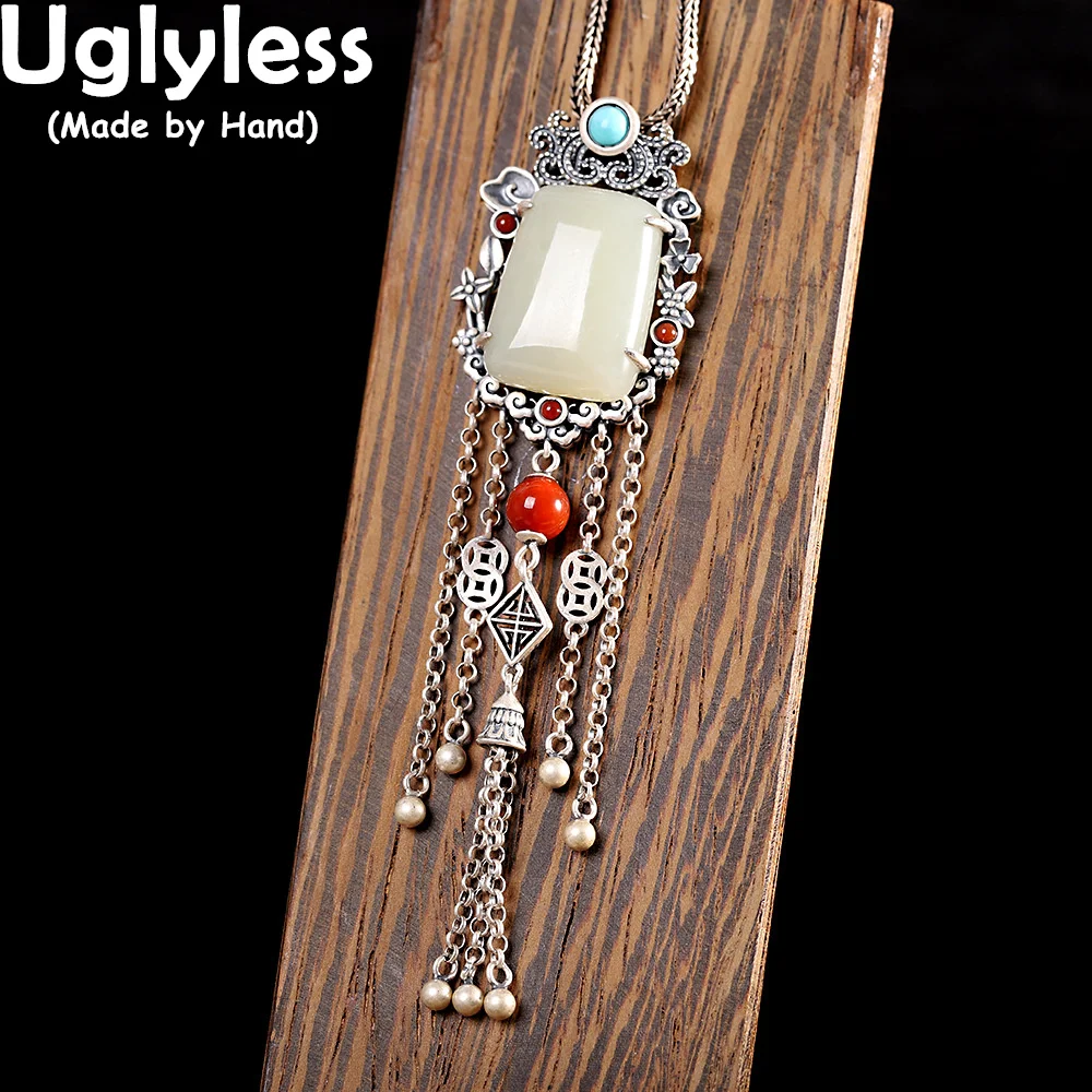 

Uglyless Old Fashion Oriental Beauty Long Tassels Necklaces for Women 925 Silver Square Gemstones Pendants Ethnic Jewel NO Chain