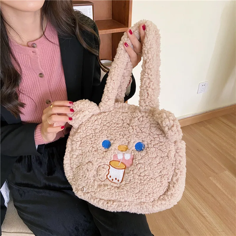 

Korean Plush Women's Shoulder Bag Small Fashion Cartoon Print Fluffy Fur Winter 2022 Female Student Kawaii Designer Handbags