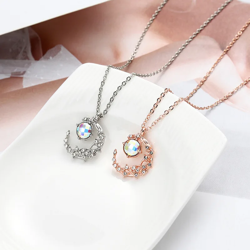 

Bright Stone Necklace Inlaid Crystal Moon Shaped Clavicle Chain Atmosphere Necklace Odontoid Simple Temperament Necklace Gifts