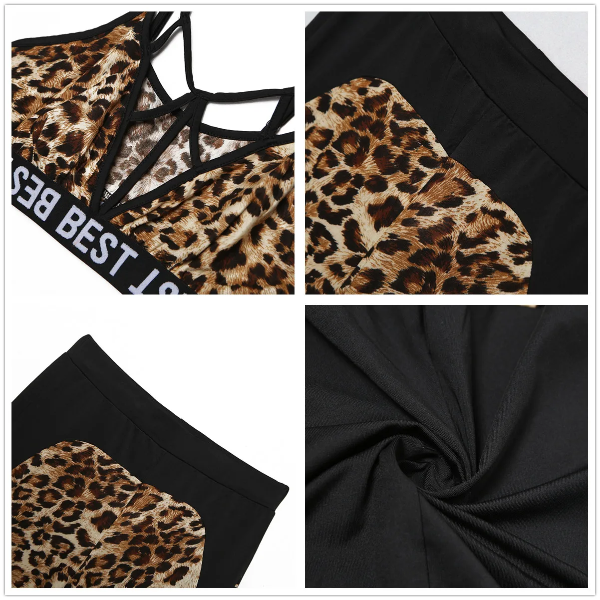 Сексуальный леопардовый принт пэтчворк фитнес-набор тканая сетка открытая