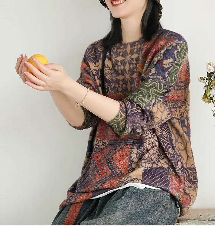 Женский трикотажный свитер в стиле ретро свободные пуловеры с геометрическим