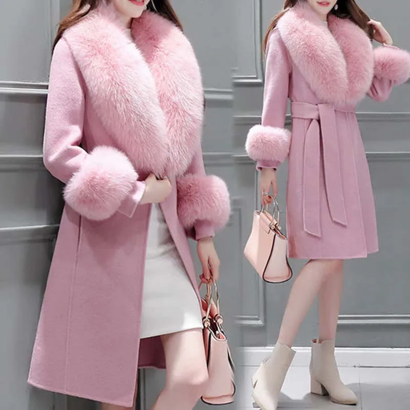 

Woolen Coat Women 2022 New Korean Mid-Length Fashion Slim Fit Lace Up Faux Fur Overcoat Collar Detachable Sashes Outerwear