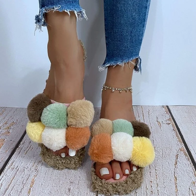 

New Comfortable Women Fur Slides Fuzzy Home Slippers Flat Soft Comfortable Colored Balls Flip Flops Autumn Female Shoes 2021 Hot