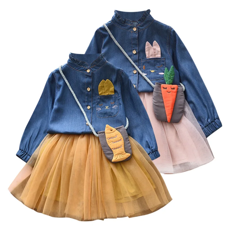 

Summer Children's Suit Girls Cartoon Embroidered Denim Shirt Set Skirt + Bag 3-piece Set Children's Wear Pink