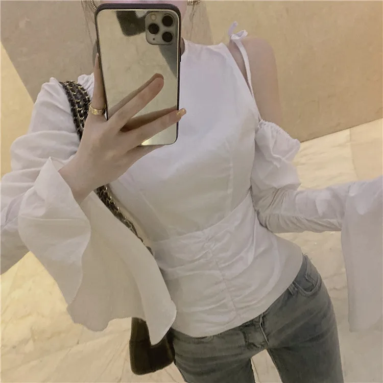 

Women Blouses Cotton White Shirt Women Asymmetrical Top White Women Shirts Irregular Woman Tops Flare Long Sleeve Summer Tops