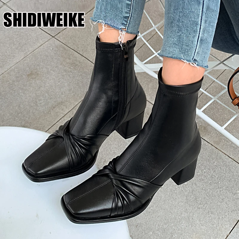 

Новинка, кожаные ботильоны на высоком каблуке с бантом, на молнии, с квадратным носком, сохраняют тепло, женские офисные ботильоны ручной ра...