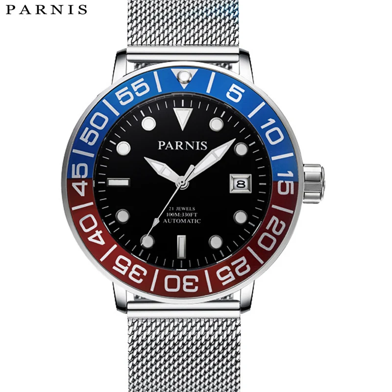 

Parnis 42mm Blue Red Bezel Men Automatic Mechanical Watch Stainless Steel Band Luminous Watches reloj hombre With Box Gift Clock