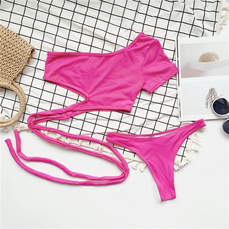 

New One shoulder Bikini Set Women Short Sleeve Two-piece Swimsuit 2021 Summer Female Swimwear Sexy Irregular Hollow Bathing Suit