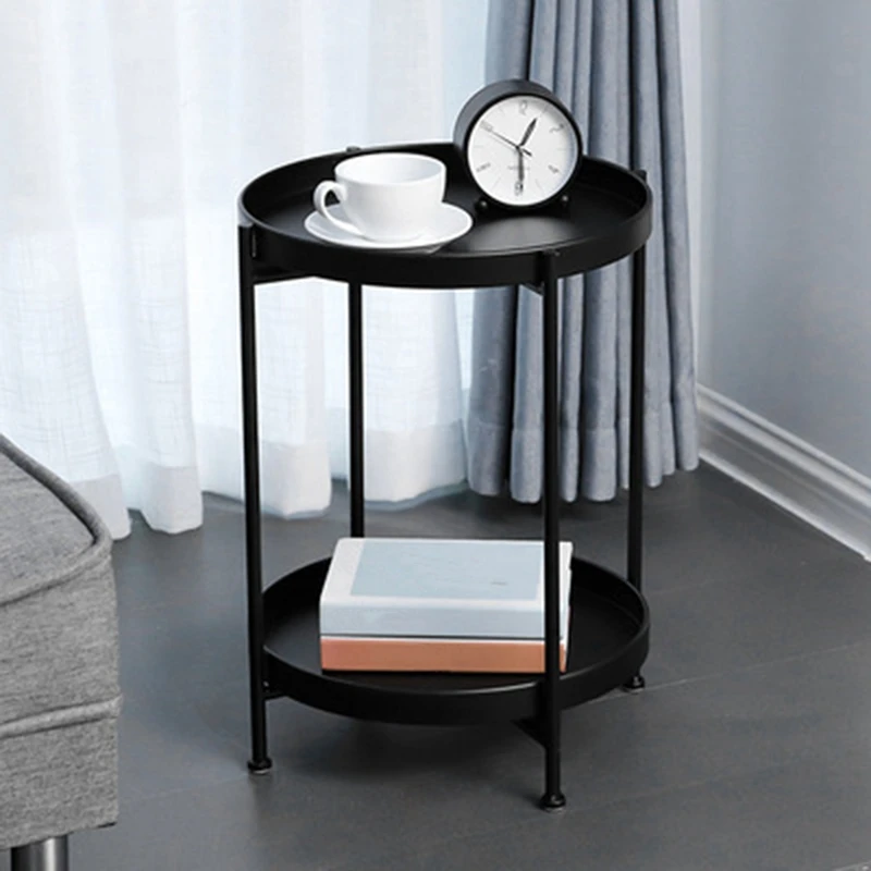

2-Tier Round Side Table End Table Metal Sofa Coffee Table, Small Folding Table Living Room Office Flower Stand (Black)