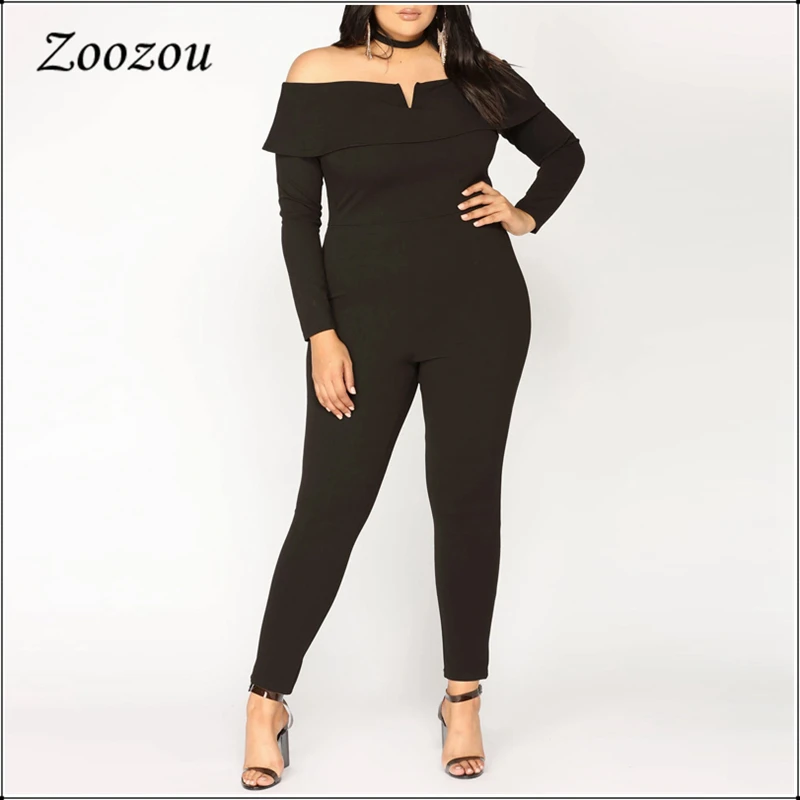 

Bodycon Ruffle Off The Shoulder Jumpsuit Long Sleeve Elastic Slim Rompers Plus Size Skinny Female Black White Jumpsuit Custom