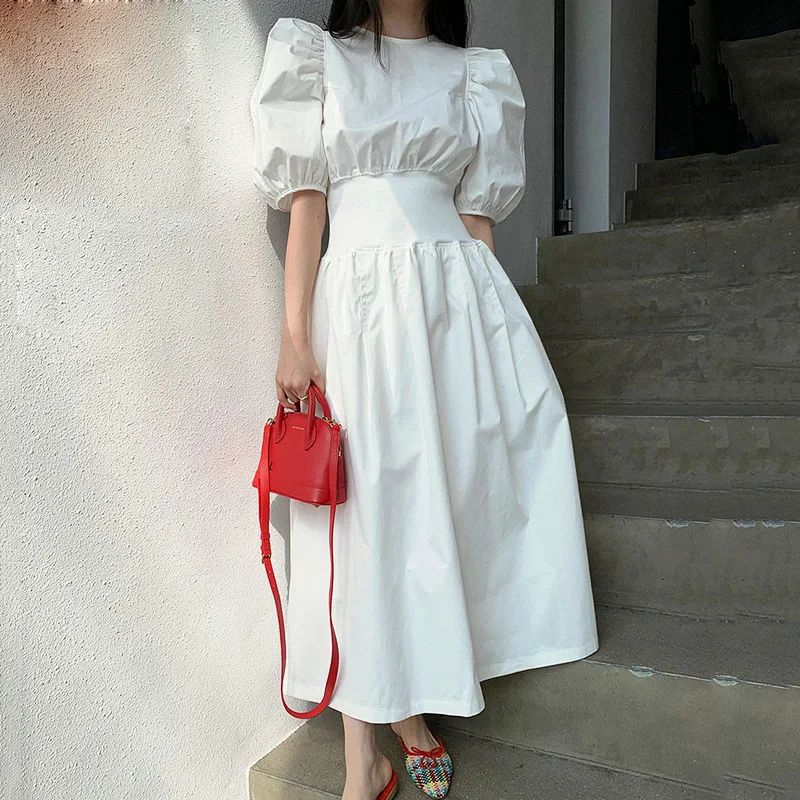 

Korean Chic Style Elegant Women's Dress O Neck Puff Short Sleeve High Waist Tunic Midi Dresses 2021 New