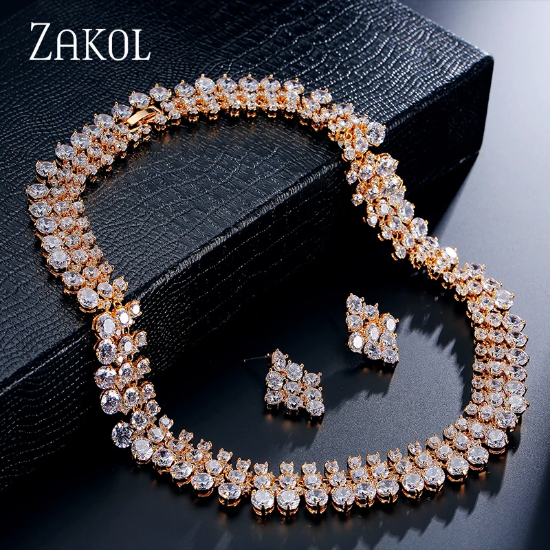 ZAKOL элегантный топ качество круглый кубический цирконий Кластер ожерелье серьги