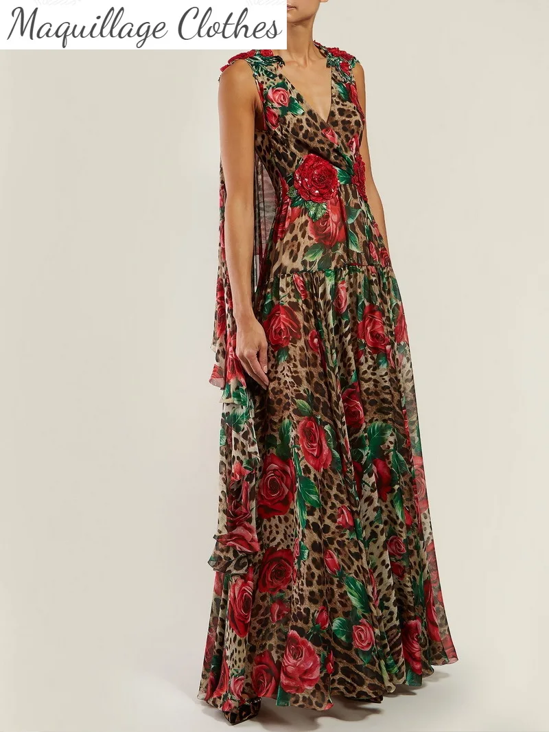

Сексуальное леопардовое платье с V-образным вырезом 2021 летнее платье без рукавов с цветочным принтом A042