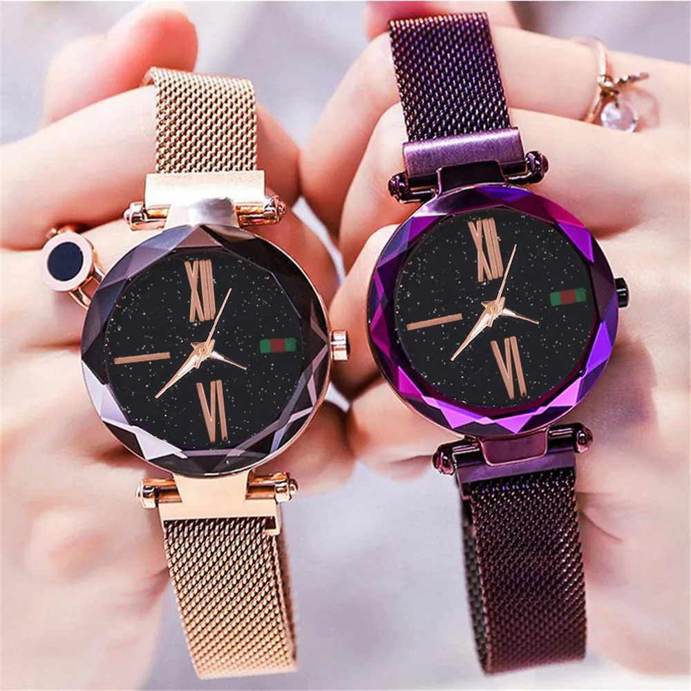 

Women Mesh Magnet Buckle Starry Sky Watch Luxury Fashion Ladies Geometric Surface Roman Numeral Quartz Watch Relogio Feminino