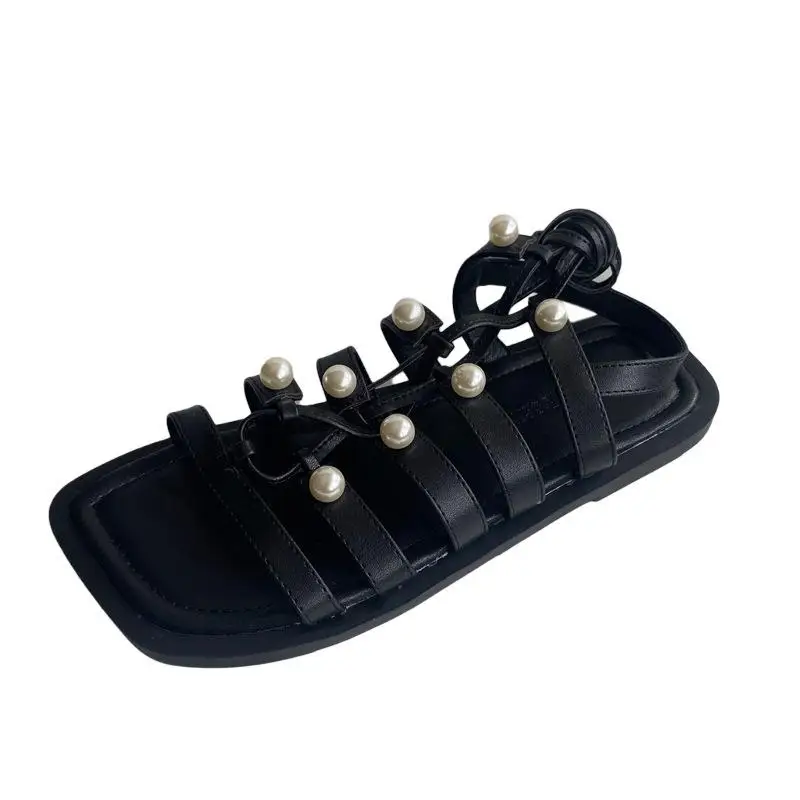 

Beige Heeled Sandals Cross-Shoes Square Toe 2021 Women's Soft Black Pearl Lace Up Clear Comfort Flat Fashion Low New Girls Scand