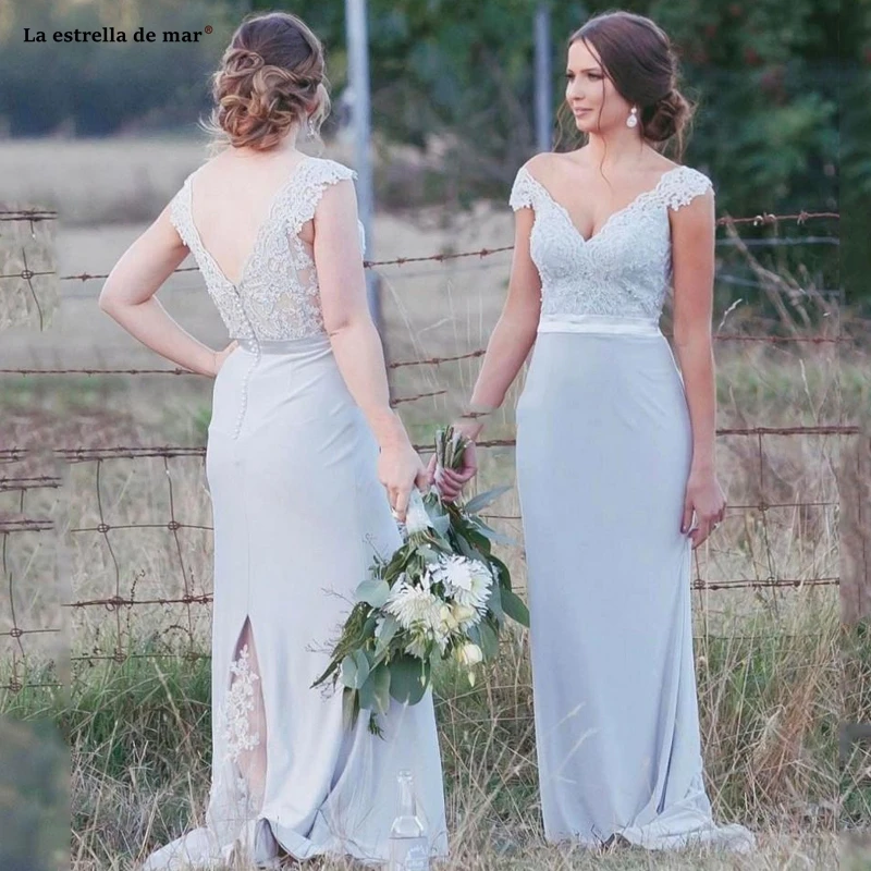 

robe mariage femme new satin decals v neck cap sleeve silver sexy mermaid bridesmaid dress trailing vestido dama de honor cheap