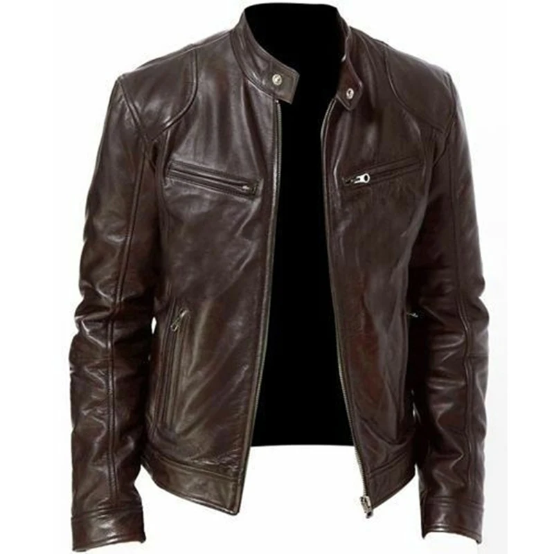 

New Arrive Men's PU Leather Coat Solid Slim Stand Collar Zipper Fashion Coat Motorcycle Leather Mens Coats