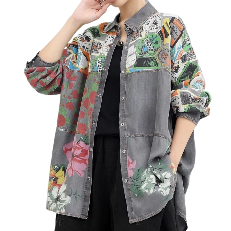 Осенняя Tencel Джинсовая рубашка с вышитым принтом спереди короткая задняя длинная