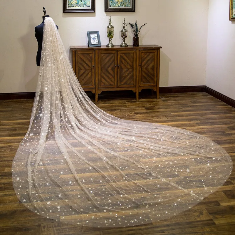 

NZUK Sparkly Bling Cathedral Gold Stars Wedding Veils Long one layer velo novia brillante Bridal Veil Voile Mariage de novia