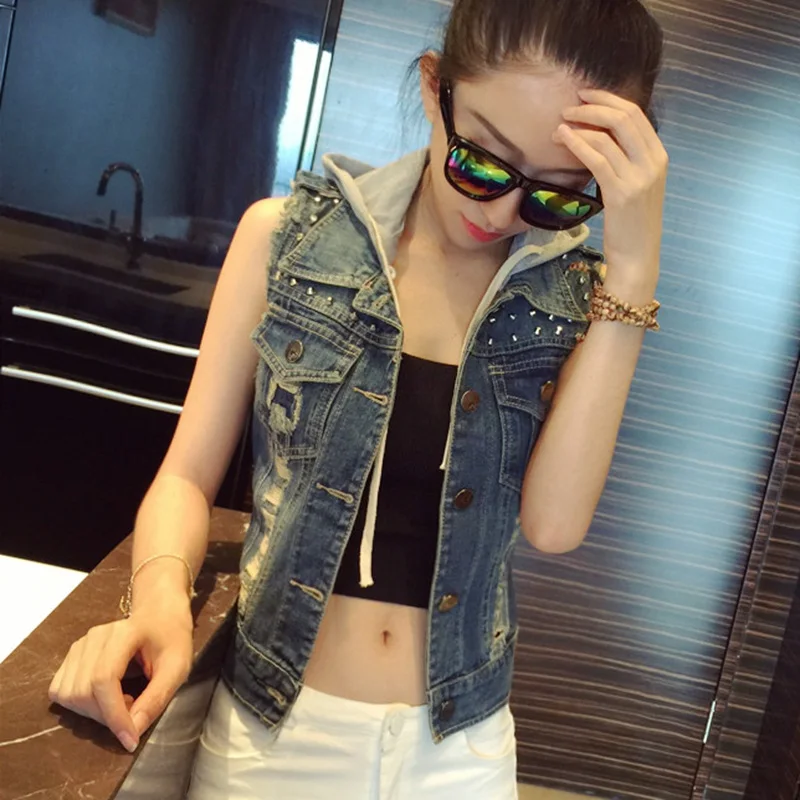 Модные толстовки с заклепками джинсовый жилет для женщин модный крутой дырками