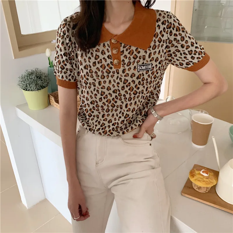 

Fashion Women Casual Short Sleeve Knitting Top Square Collar T Shirt Women Ladies Slim Tops Leopard Floral Print TShirt
