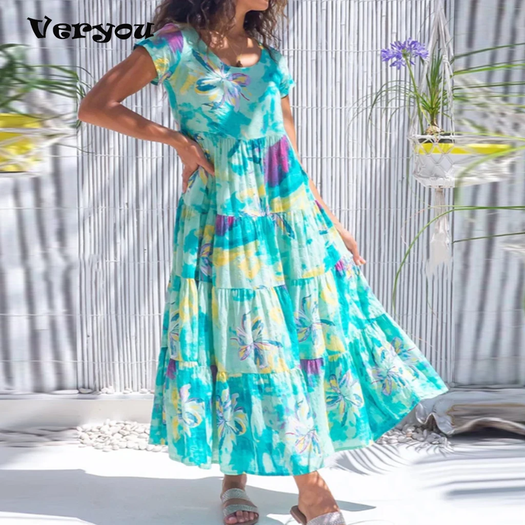 

Summer Vintage Dress Women Print Short Sleeve Casual Long Dresses For Women Fashion O Neck Party Dress Plus Size Blue Dress
