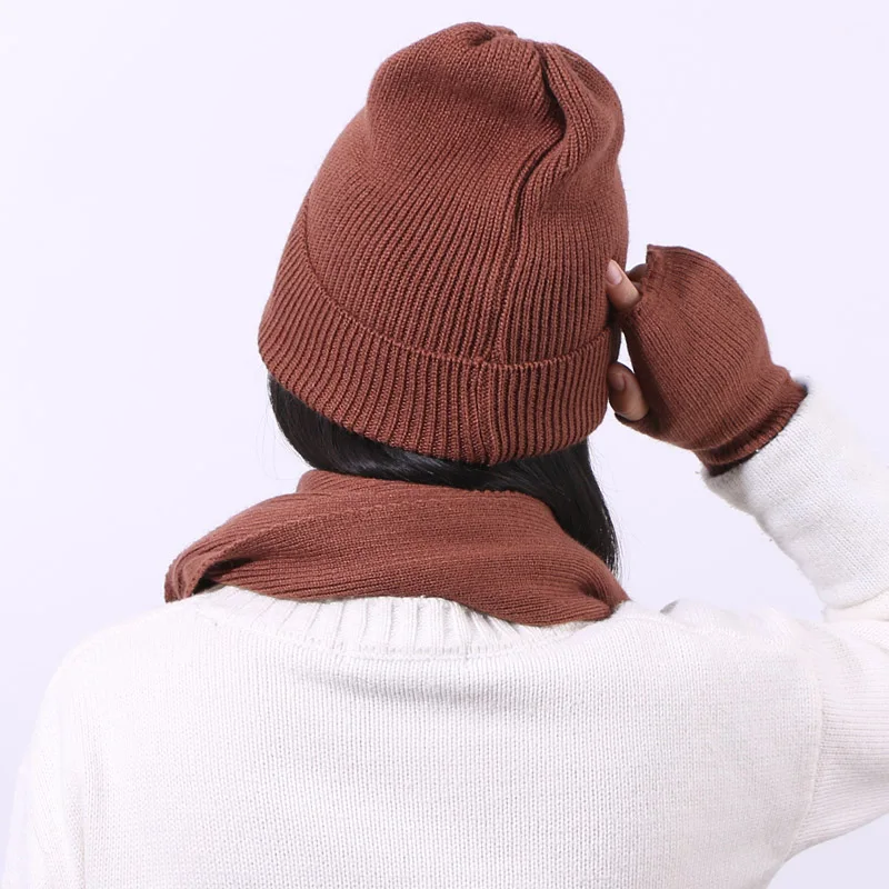 Новинка женские зимние перчатки с кроличьим мехом шарф шапка комплект из трех