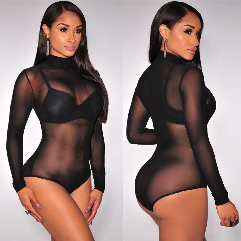 

Women Sexy Mesh Lingerie Bodysuit Black White Long Sleeve Ladies Bodysuit Leotard Transparent Skinny Bodysuits Clubwear Jumpsuit