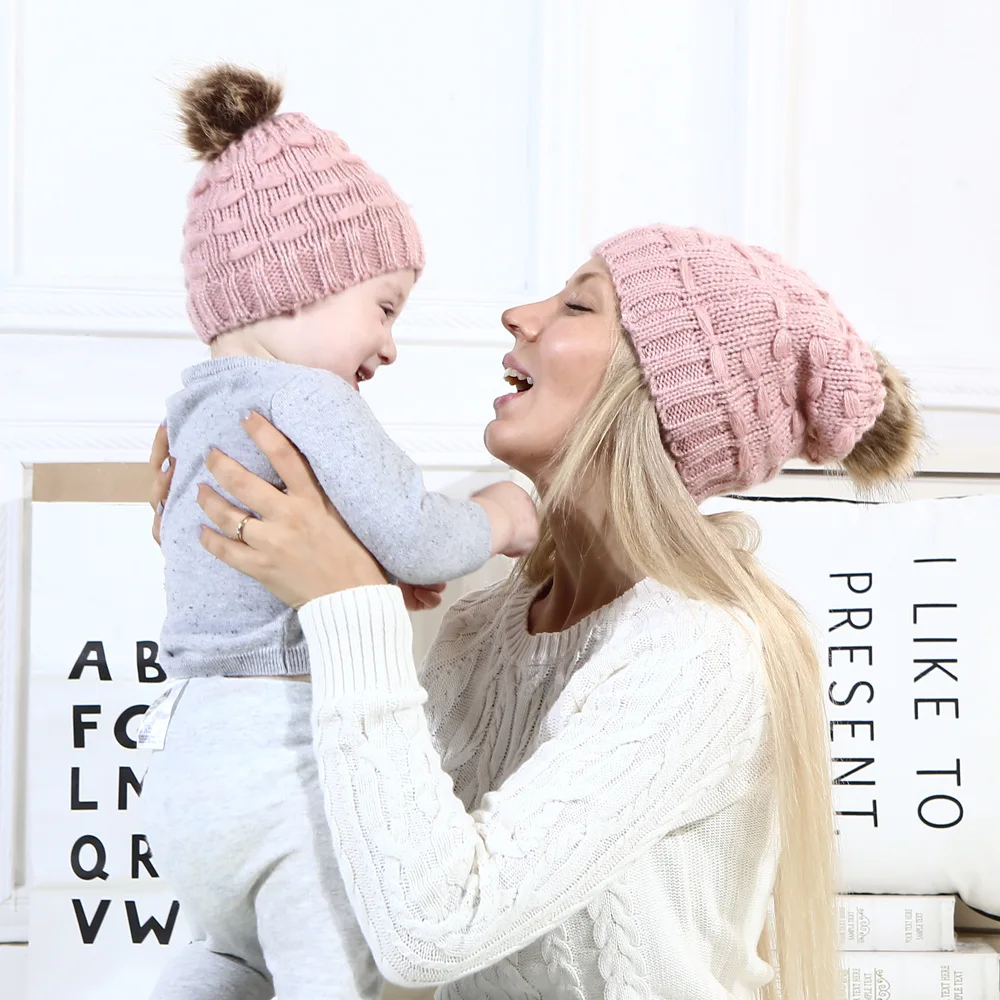 

2021 Infant Baby Boy Girl & Mom Winter Knit Warm Soft Beanie Hat Hairball Cap for Adult Children Family Matching Caps Hats